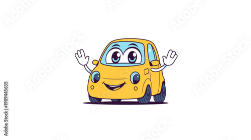 A cute smiling cartoon car character waves enthusiastically in a scenic outdoors