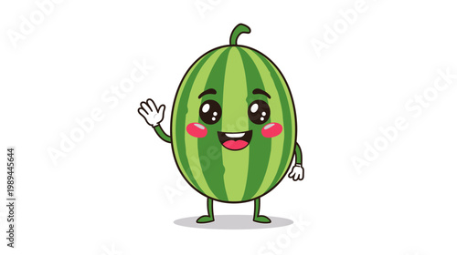 A cute cartoon watermelon character waves happily with a smile.