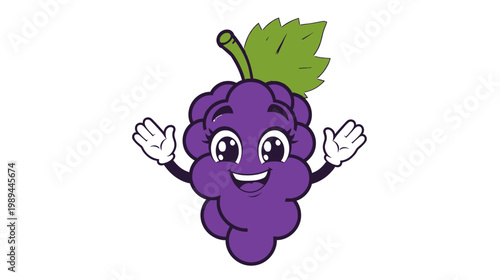 A cheerful purple grape character with a smiling face and green leaf happily waves in a fun scene.