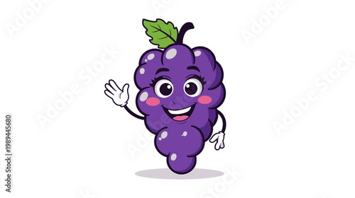 A cheerful purple grape character with a smiling face waves happily.