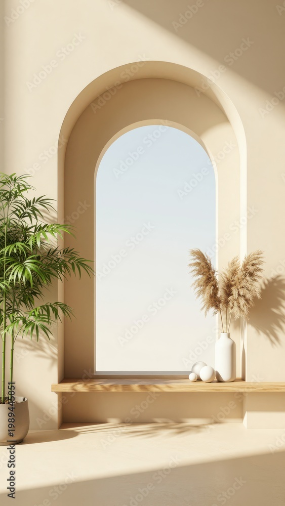 Fototapeta premium Minimalist Interior with Arched Window and Potted Plants