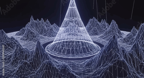 Abstract Wireframe Mountain Landscape with Geometric Cone Structure