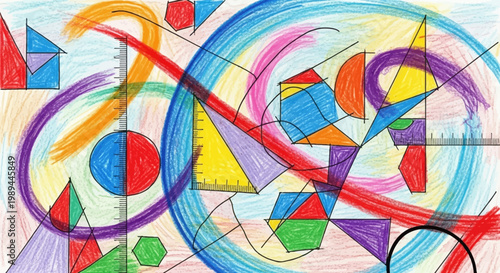 Abstract Geometric Drawing with Colorful Shapes and Spirals