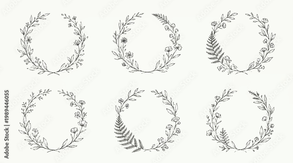 Fototapeta premium Collection of six floral wreath illustrations.