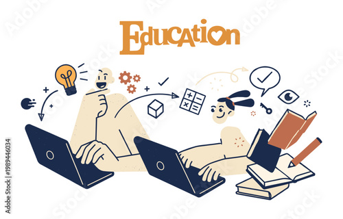 Education concept with students using laptops and learning materials online learning education students knowledge university internet technology intelligence lightbulb information