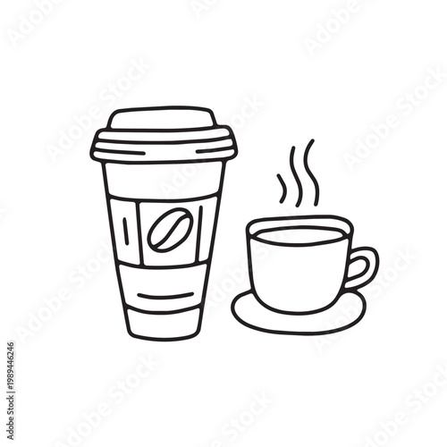 side view espresso cup and cup, black and white outline doodle