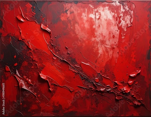 Abstract Impasto Oil Painting With Thick Red Paint Texture And Dynamic Strokes On A Dark Background Canvas