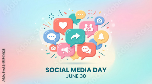 Colorful communication icons cluster representing social media day celebration concept highlighting online connection engagement sharing and digital interaction design
