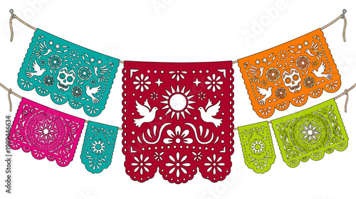 Traditional mexican papel picado banners hanging with skull and floral patterns festive cultural decoration concept