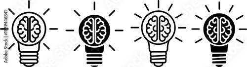 Brain light bulb idea icon set Creative thinking brain in light bulb icons