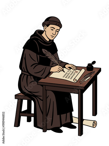 Slavic monk transcribing manuscript with quill at desk traditional medieval writing culture concept