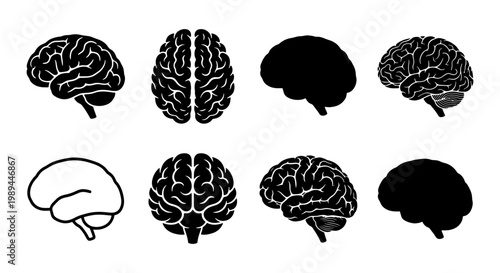 Human brain icon set with 8 vector elements, anatomical brain silhouettes and line art, medical neurology symbols for healthcare and science