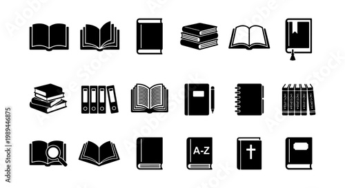 Minimalist book icon set with 18 black vector symbols, library and education pictograms, academic literature and reading collection for web design
