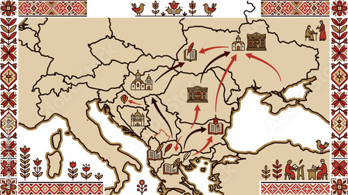 Map showing spread of slavic literacy and writing across regions historical education concept