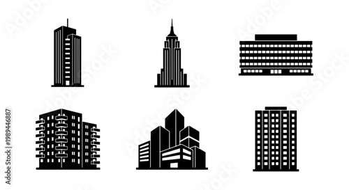 Modern building icons set, black skyscraper silhouettes and urban architecture vector collection, 6 city office and apartment building symbols