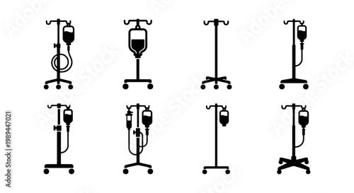 Medical IV drip stand icons set, black silhouette intravenous infusion pole collection, hospital saline bag equipment vector graphics