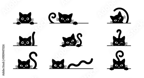 Black cat silhouette vector set, cute peeking kitten icons, minimalist feline head illustrations, 9 funny pet characters for web design and stickers