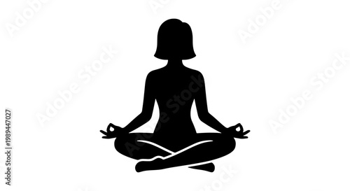 Yoga meditation silhouette of woman in lotus pose, black female figure practicing mindfulness, zen wellness and spiritual harmony vector icon