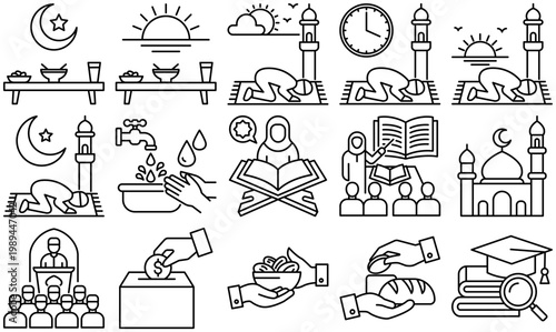 (Islamic Activity Icon Set Muslim Worship Ramadhan Prayer Zakat Education line Vector.eps)