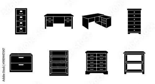 Office furniture icon set, black silhouette desk and filing cabinet collection, 8 professional workspace storage and table vector elements