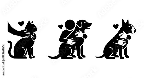 Pet care and animal love icons set, black silhouette of human hands hugging cat and dogs, veterinary clinic and animal shelter symbols, 3 vector elements