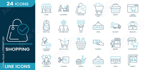 Shopping icon set. Store, shopping, cart, basket, online shopping, sale, delivery, payment, market, supermarket, coupon. Line vector icons.