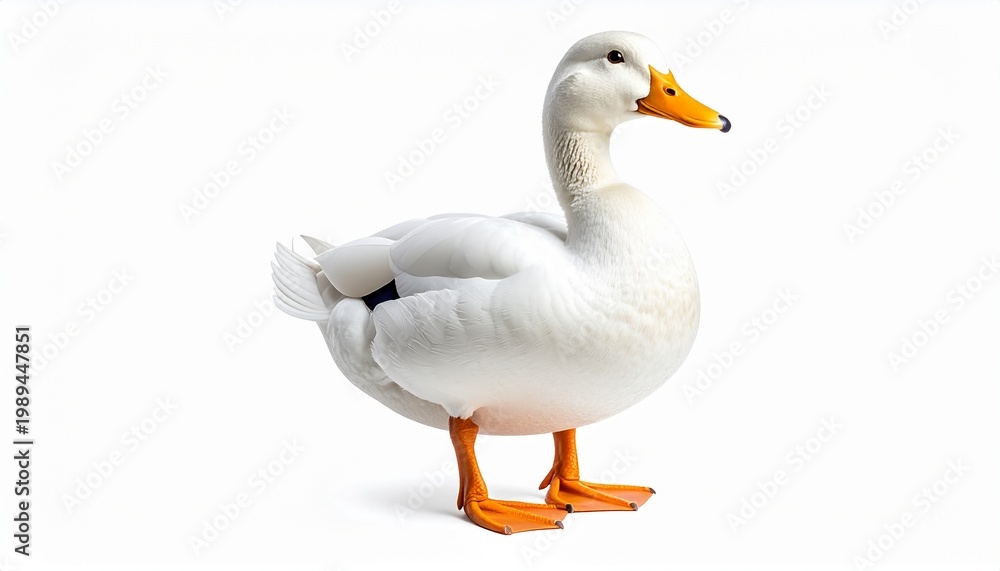 Fototapeta premium Elegant white swan bird isolated on a pure white background, graceful waterfowl portrait, beautiful nature animal photography, wildlife subject.
