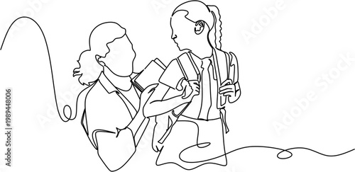 Canvastavla Continuous line drawing of a mother helping daughter get ready for school