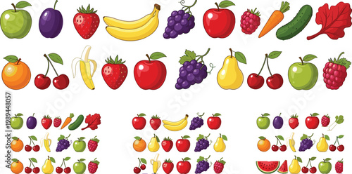 Colorful fruits and vegetables collection with apple, banana, grapes, cherry, carrot and cucumber vector illustration healthy food icons set