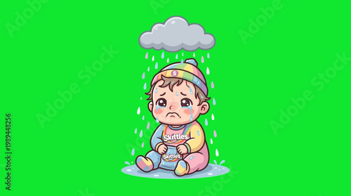 Sad Baby Sitting in the Rain Against a Green Screen