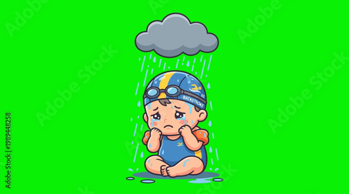 Sad Cartoon Baby Swimmer Crying in the Rain
