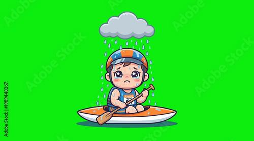 Cute Cartoon Character Paddling in Rain