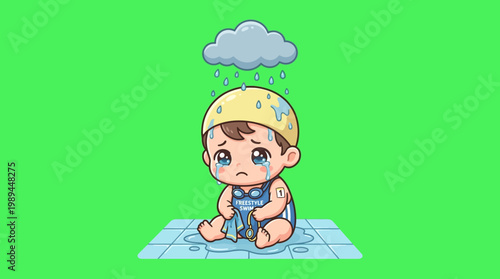 Sad Baby Sits Under Rain Cloud on Green Background