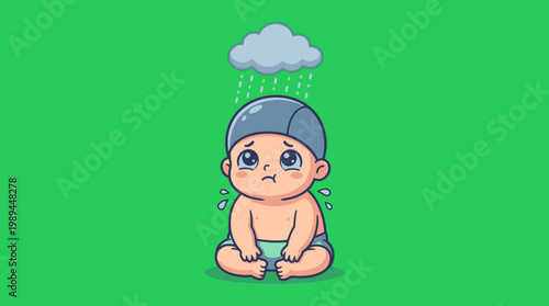 Sad Baby Under Rain Cloud Cartoon Style