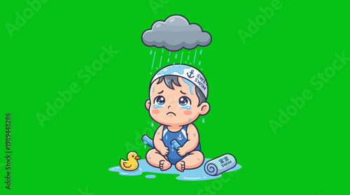 Sad Baby in Swimsuit Crying Under Rain Cloud