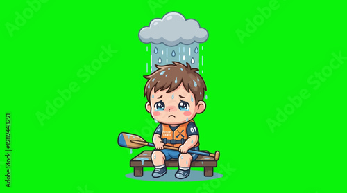 Sad Cartoon Boy Sitting Under Rain