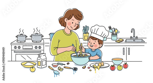 A mother and her young son cooking together in the kitchen.
