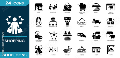 Shopping icon set. Shopping, purchase, cart, basket, online shopping, sale, delivery, payment, market, supermarket, store. Solid vector icons.