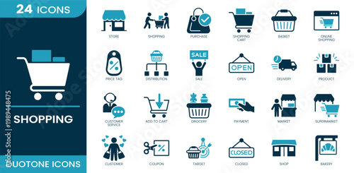 Shopping icon set. Purchase, cart, basket, online shopping, sale, delivery, payment, market, supermarket, store, shopping. Duotone vector icons.