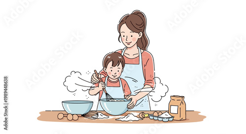 A mother and her young son baking together in the kitchen.