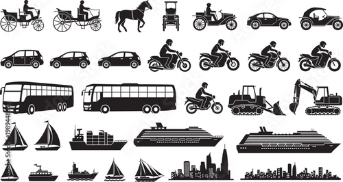 Comprehensive Transportation Vector Silhouette Set Featuring Vintage Carriages Modern Cars Motorcycles Buses Construction Machinery Ships and City Skylines in CAD Drawing Flat Illustration Style