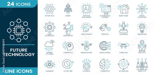 Future technology icon set. AI, robot, smart home, virtual reality, robotics, innovation, automation, smart city, digital world. Line vector icons.