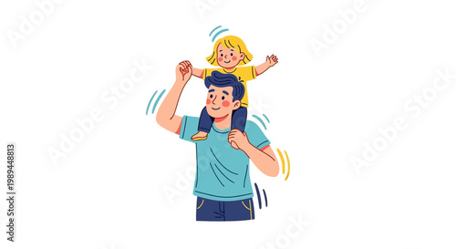 Father carrying his small daughter on shoulders illustration.