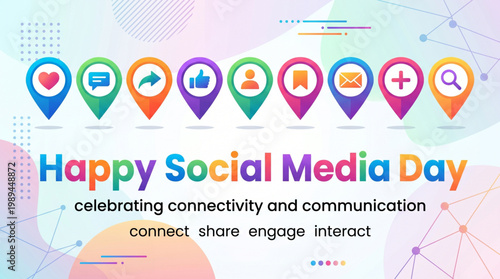 Colorful social icons arranged in line representing social media day celebration highlighting digital communication connection sharing engagement and modern online interaction concept