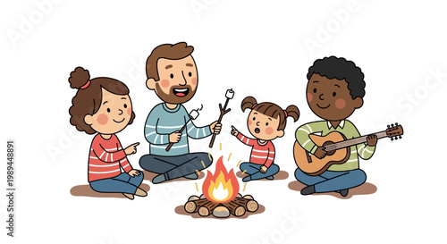 A diverse family group sitting together around a campfire playing music and roasting marshmallows.