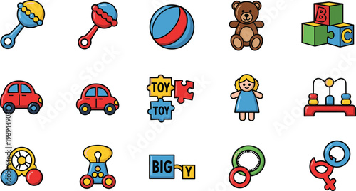 Kids Toys Vector Icon Set Ball Car Doll Blocks Baby Rattle Illustration