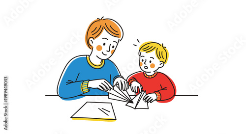 A caring father and his young son making paper airplanes together.