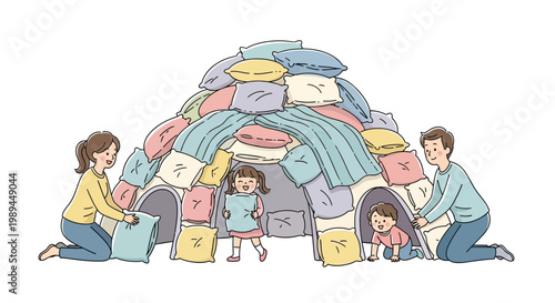 A happy family building a creative pillow fort together at home.
