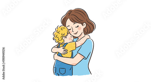 A loving mother warmly hugging her young child.