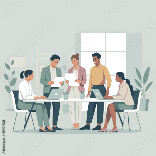 Diverse team of professionals collaborating in a modern office setting